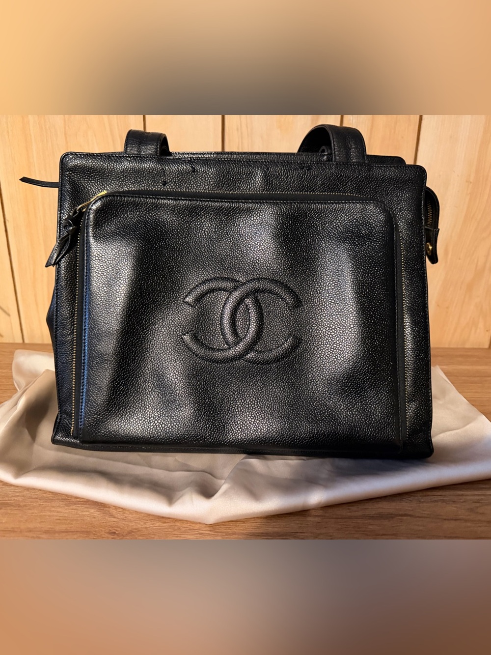CHANEL Black and Gold Caviar Tote